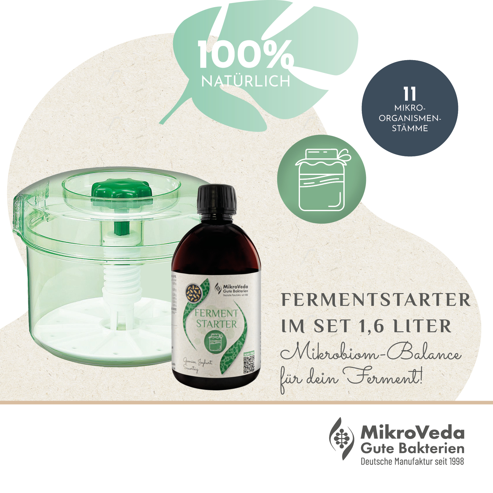 Sauergemüsefermenter 1,6 L inkl. MikroVeda FERMENTSTARTER für Sauerteig und Gemüse 250 ml Flasche DE-ÖKO-037