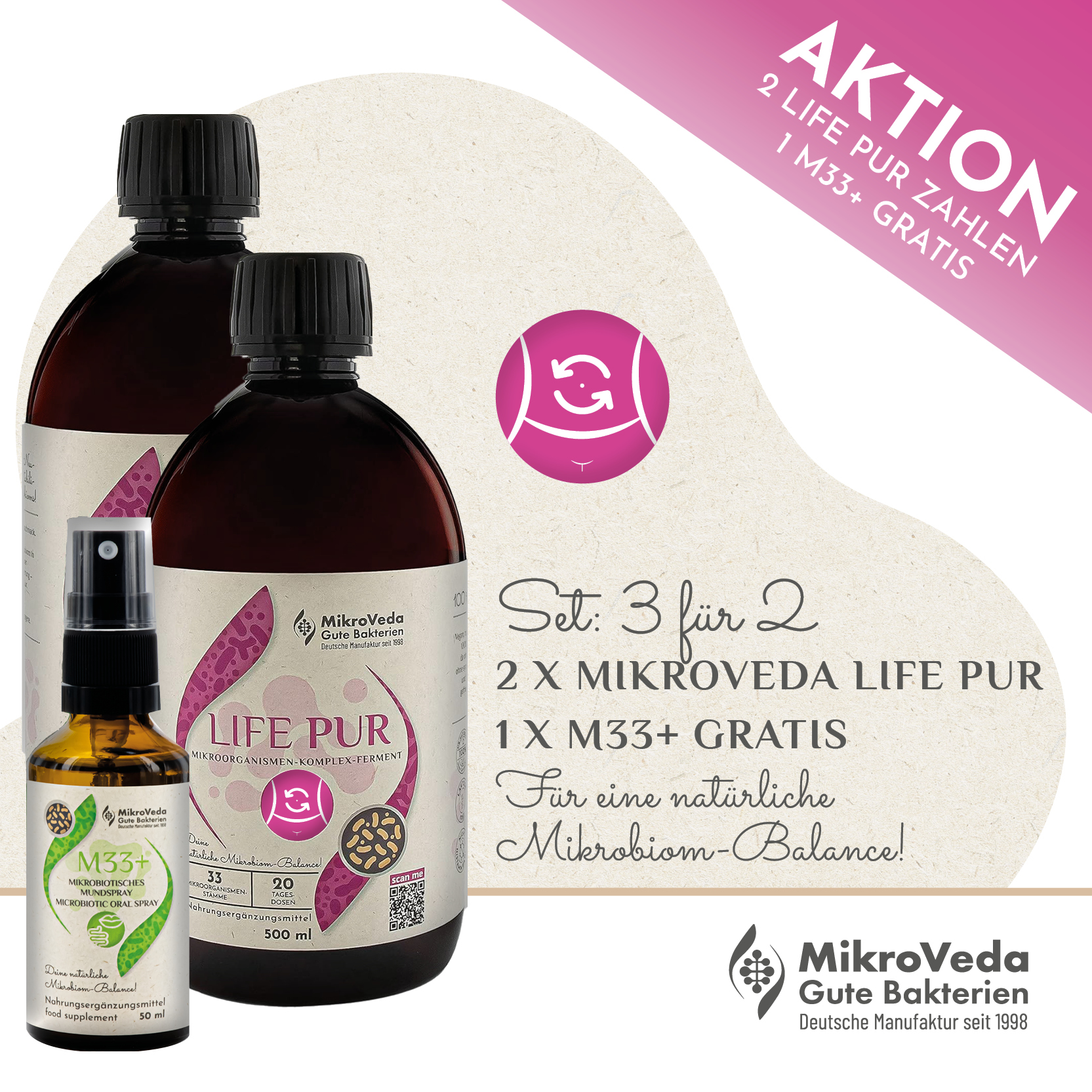 SET: 2 x 0,5 Liter MikroVeda LIFE PUR Bio Mikroorganismen Komplex Ferment + 1 x M33+ Mikrobiotisches Mundspray GRATIS (DE-ÖKO-037)