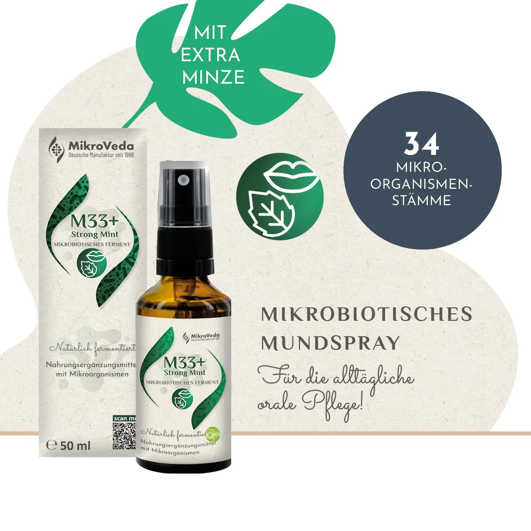 MikroVeda M33+ STRONG MINT Mikrobiotisches Mundspray Bio 50 ml Glassprühflasche