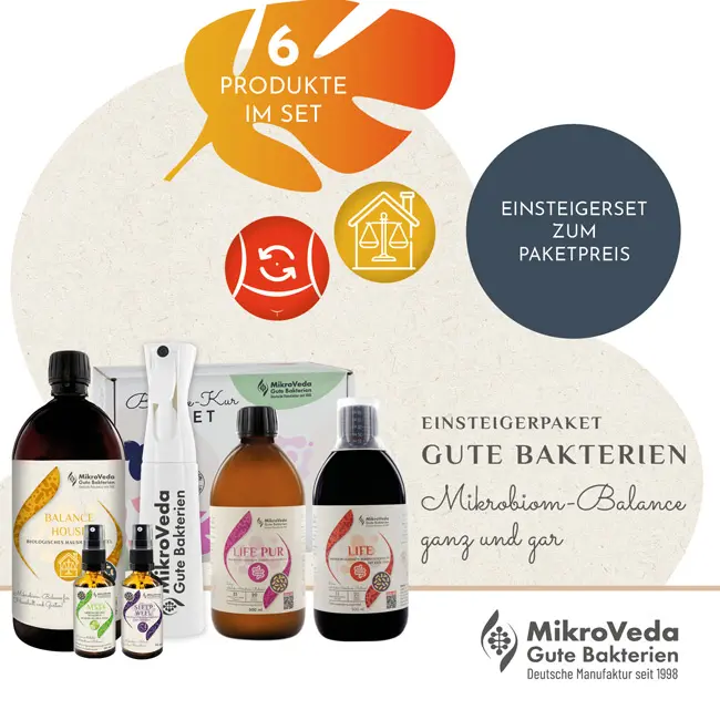 MikroVeda Gute Bakterien-Einsteiger-Paket mit Aufbau-Kur 3 (0,5 L LIFE & 0,5 L LIFE PUR), M33+ Mundspray, 1L BALANCE HOUSE, SLEEP WELL Lavendel Raumspray und 300ml Feinsprühflasche im Set