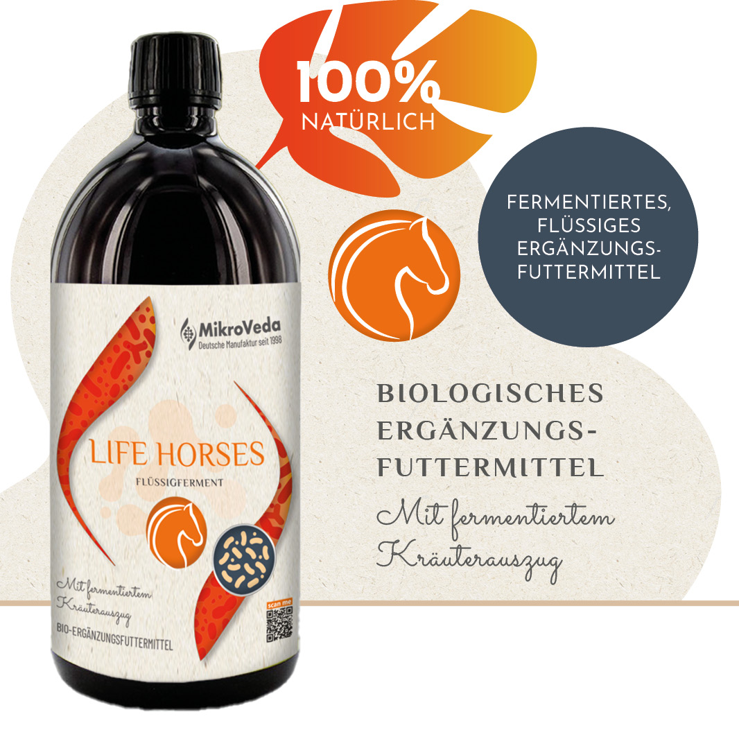 Vorbestellung MikroVeda LIFE PFERDE Bio Ergänzungsfutter 1 Liter R-PET Flasche (100% recycelt)