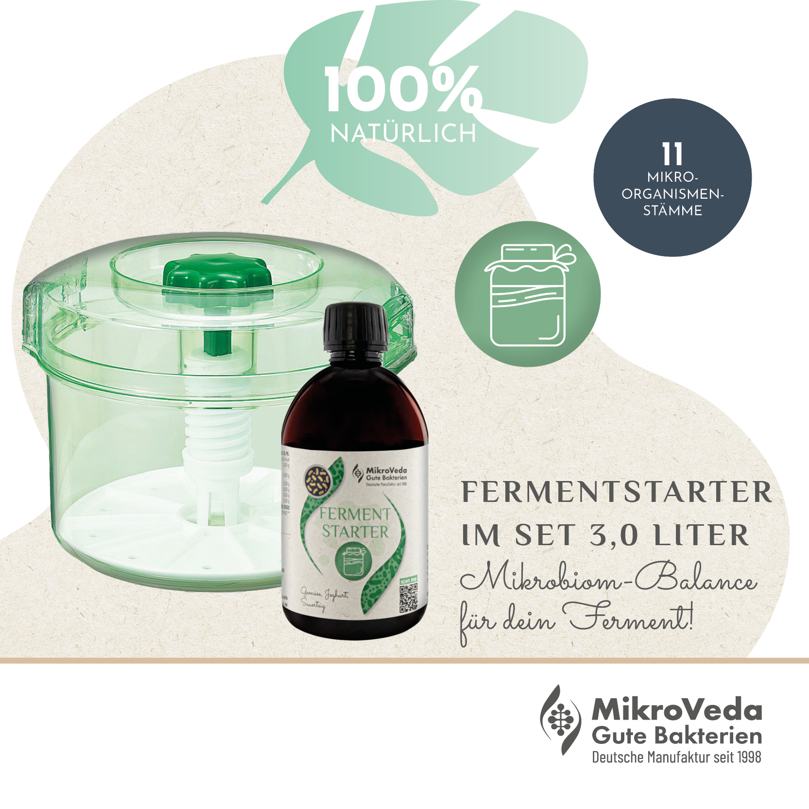 Sauergemüsefermenter 3,0 L inkl. MikroVeda FERMENTSTARTER für Sauerteig und Gemüse 250 ml Flasche DE-ÖKO-037