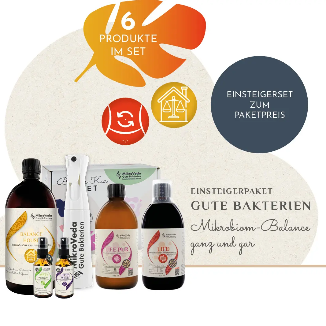 MikroVeda Gute Bakterien-Einsteiger-Paket mit Aufbau-Kur 3 (0,5 L LIFE & 0,5 L LIFE PUR), M33+ Mundspray, 1L BALANCE HOUSE, SLEEP WELL Lavendel Raumspray und 300ml Feinsprühflasche im Set