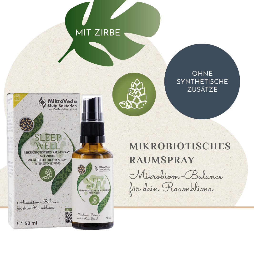 MikroVeda SLEEP WELL mikrobiotisches Raumspray mit Zirbenholz-Duft 50 ml Glassprühflasche