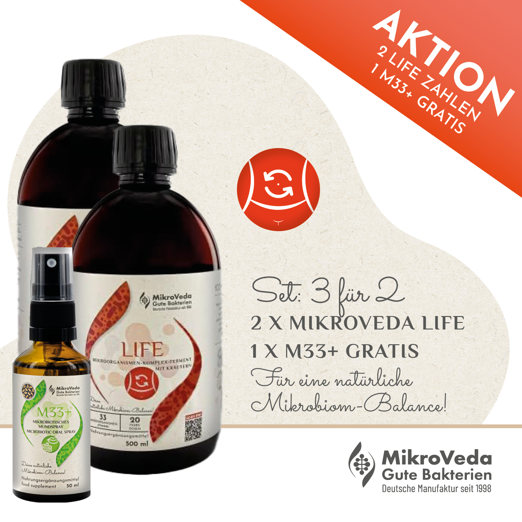 SET: 2 x 0,5 Liter MikroVeda LIFE Bio Mikroorganismen Komplex Kräuterferment + 1 x M33+ Mikrobiotisches Mundspray GRATIS (DE-ÖKO-037)